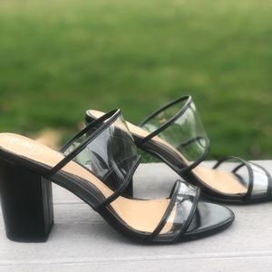 Black two strap clear heeled mule. Worn once!